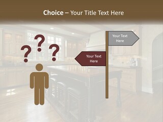 A Large Kitchen With Wooden Cabinets And A Center Island PowerPoint Template