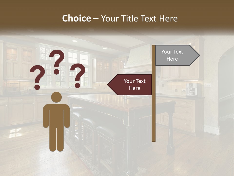 A Large Kitchen With Wooden Cabinets And A Center Island PowerPoint Template