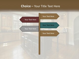 A Large Kitchen With Wooden Cabinets And A Center Island PowerPoint Template