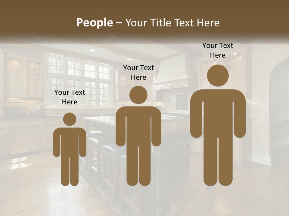 A Large Kitchen With Wooden Cabinets And A Center Island PowerPoint Template