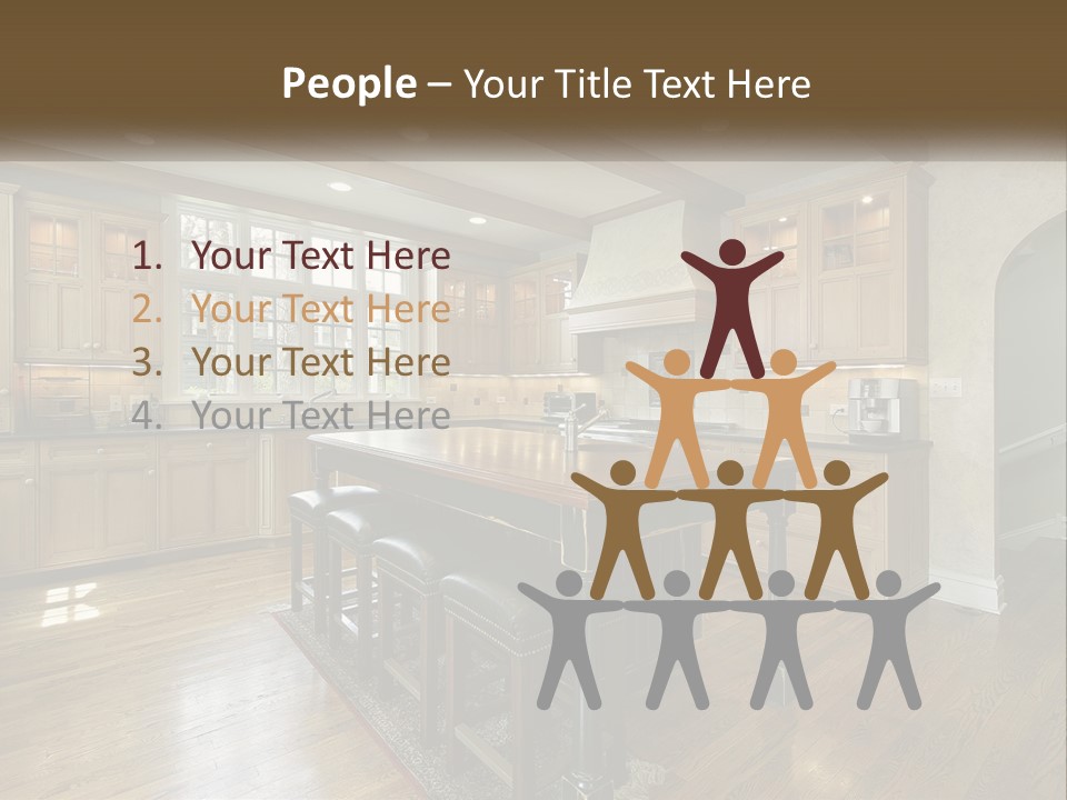 A Large Kitchen With Wooden Cabinets And A Center Island PowerPoint Template