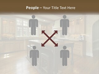 A Large Kitchen With Wooden Cabinets And A Center Island PowerPoint Template