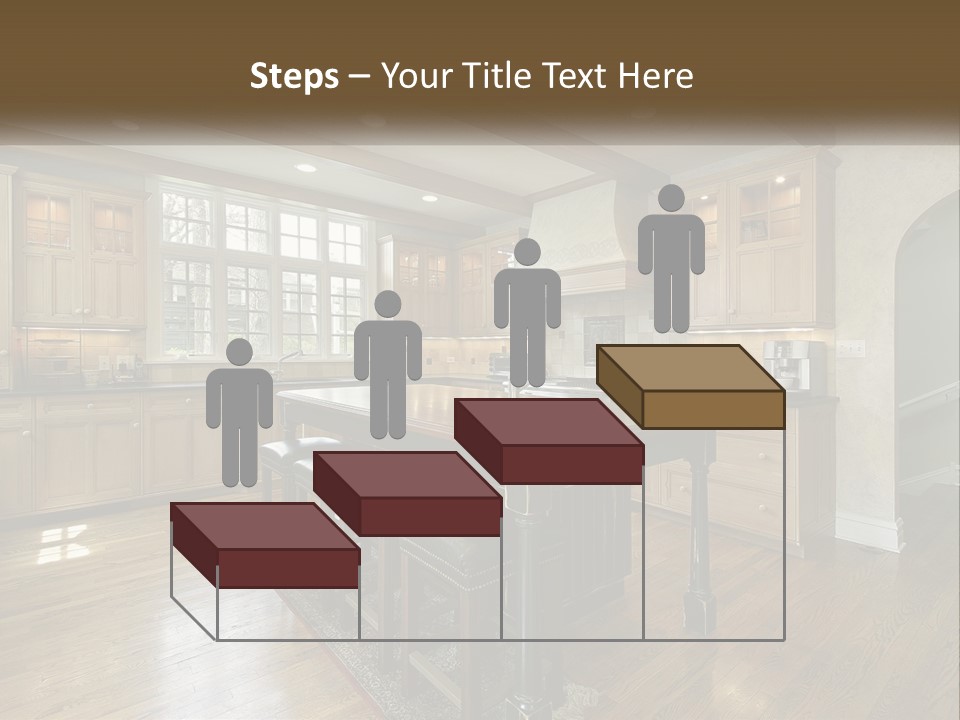 A Large Kitchen With Wooden Cabinets And A Center Island PowerPoint Template