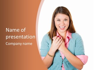A Woman Is Smiling And Holding Her Hands Together PowerPoint Template
