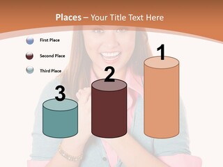 A Woman Is Smiling And Holding Her Hands Together PowerPoint Template