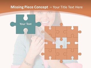 A Woman Is Smiling And Holding Her Hands Together PowerPoint Template