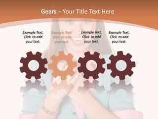 A Woman Is Smiling And Holding Her Hands Together PowerPoint Template