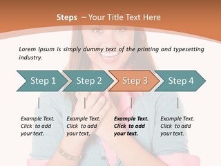 A Woman Is Smiling And Holding Her Hands Together PowerPoint Template