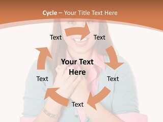 A Woman Is Smiling And Holding Her Hands Together PowerPoint Template