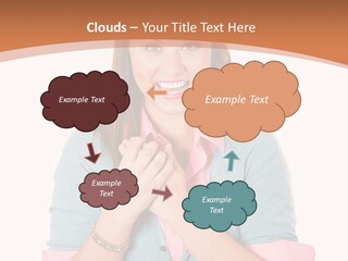 A Woman Is Smiling And Holding Her Hands Together PowerPoint Template