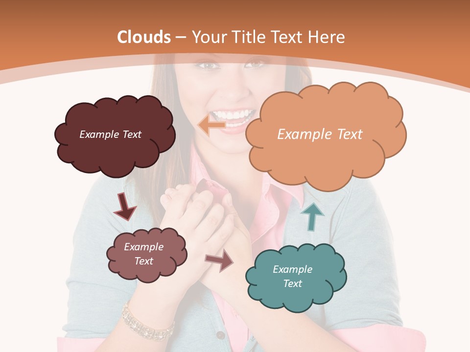 A Woman Is Smiling And Holding Her Hands Together PowerPoint Template