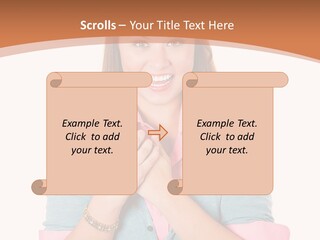 A Woman Is Smiling And Holding Her Hands Together PowerPoint Template