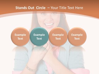 A Woman Is Smiling And Holding Her Hands Together PowerPoint Template