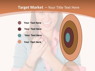 A Woman Is Smiling And Holding Her Hands Together PowerPoint Template