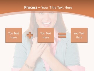 A Woman Is Smiling And Holding Her Hands Together PowerPoint Template