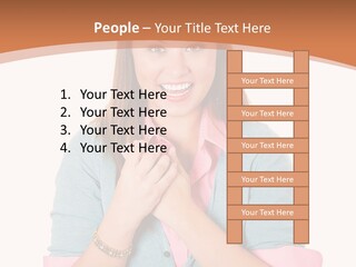 A Woman Is Smiling And Holding Her Hands Together PowerPoint Template