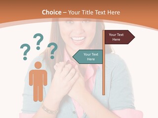 A Woman Is Smiling And Holding Her Hands Together PowerPoint Template