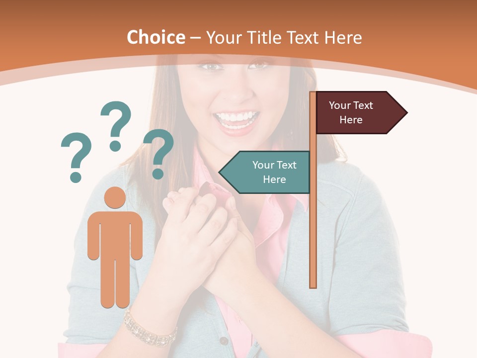 A Woman Is Smiling And Holding Her Hands Together PowerPoint Template