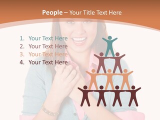 A Woman Is Smiling And Holding Her Hands Together PowerPoint Template