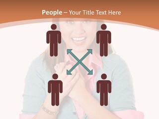 A Woman Is Smiling And Holding Her Hands Together PowerPoint Template