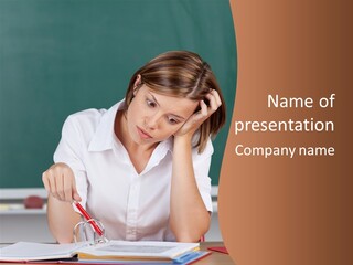 A Woman Sitting At A Desk Writing On A Piece Of Paper PowerPoint Template