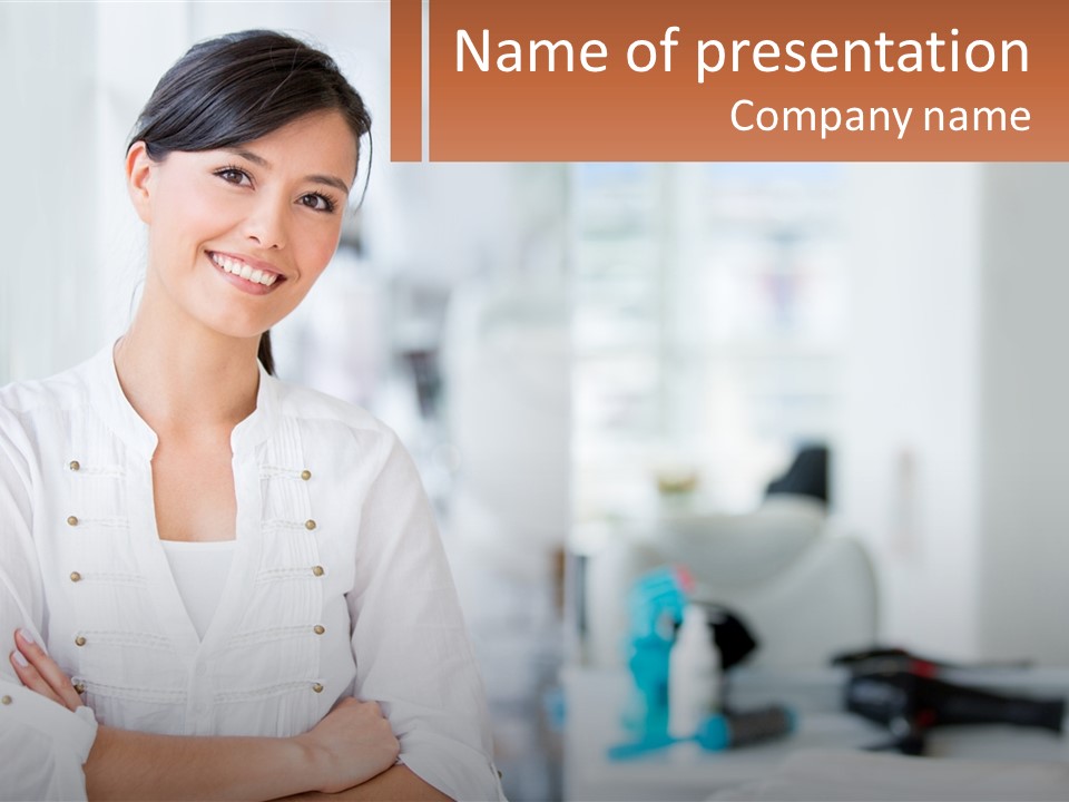 A Woman Standing In A Room With Her Arms Crossed PowerPoint Template