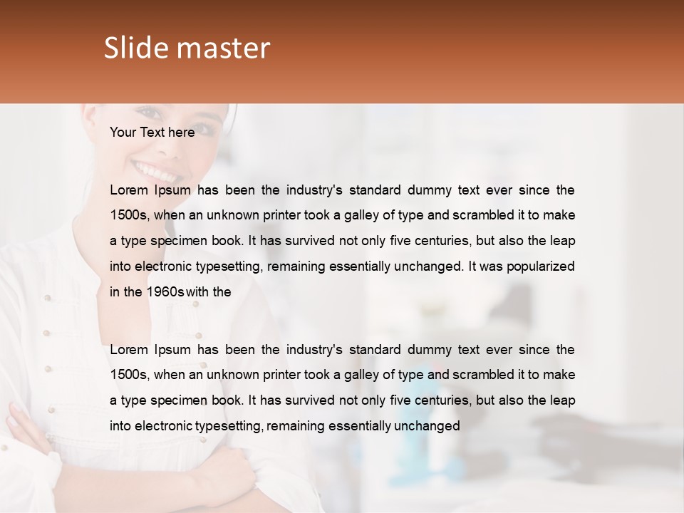 A Woman Standing In A Room With Her Arms Crossed PowerPoint Template