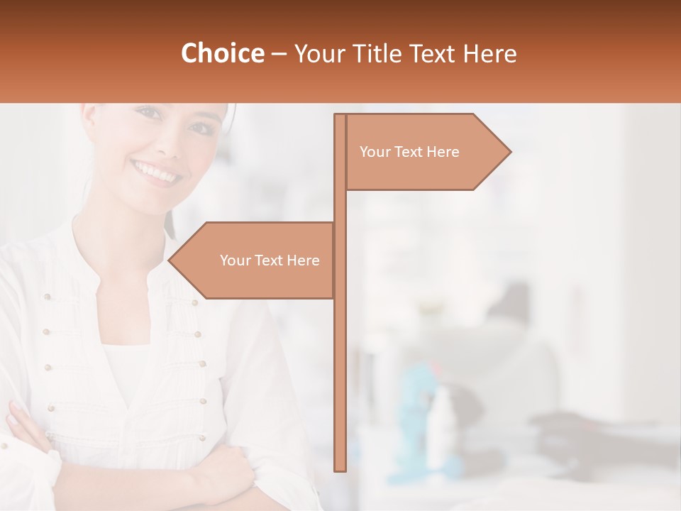 A Woman Standing In A Room With Her Arms Crossed PowerPoint Template