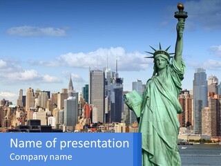 A Statue Of Liberty In Front Of A City Skyline PowerPoint Template