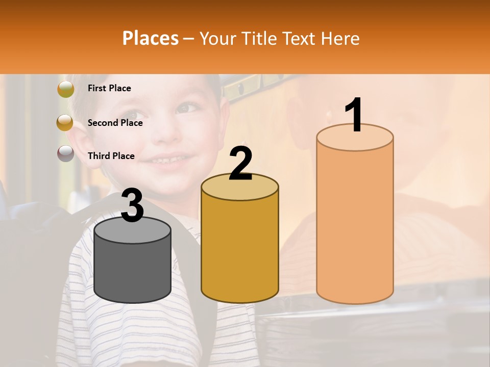 A Young Boy Is Standing In Front Of A School Bus PowerPoint Template