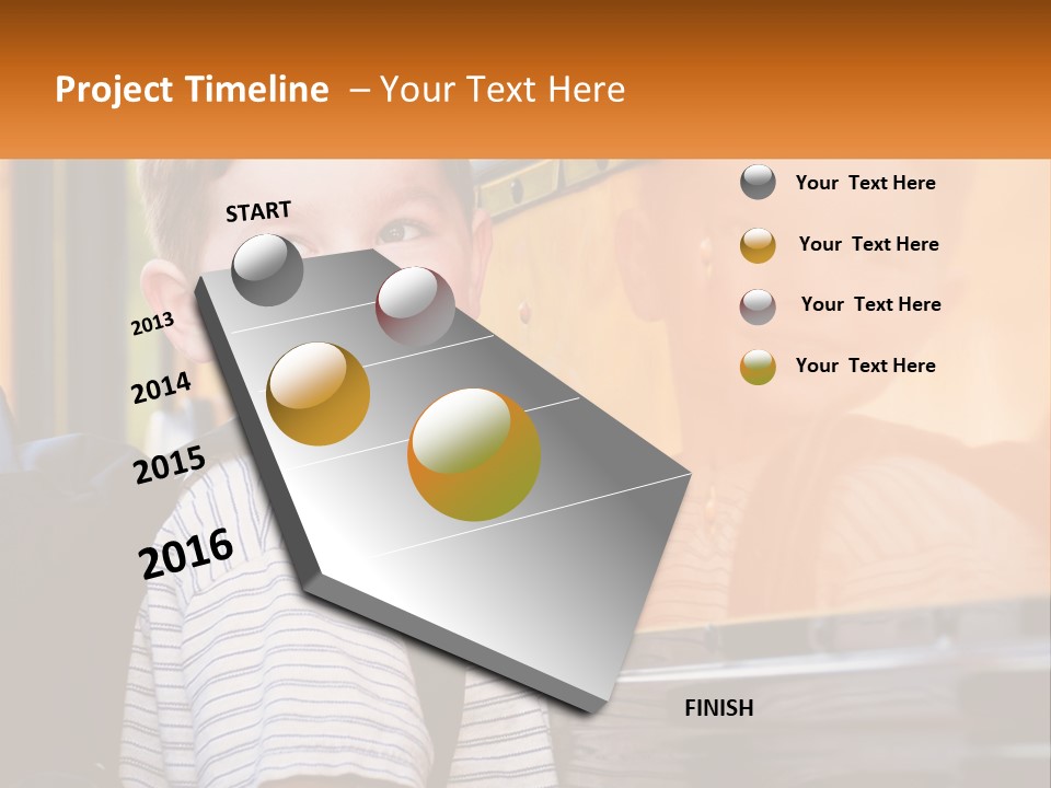 A Young Boy Is Standing In Front Of A School Bus PowerPoint Template