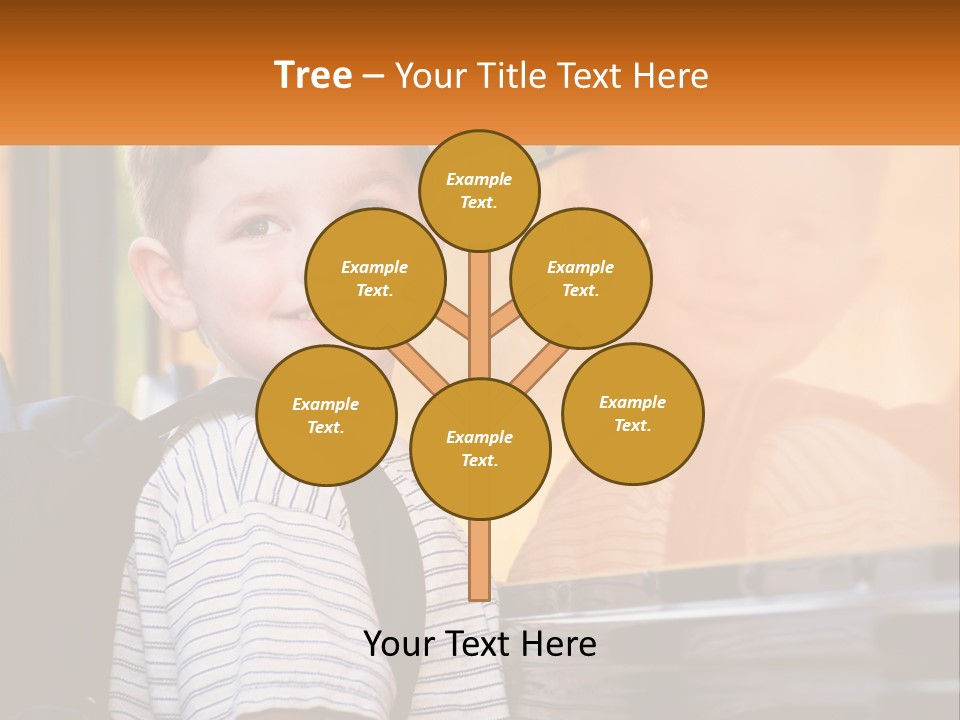 A Young Boy Is Standing In Front Of A School Bus PowerPoint Template