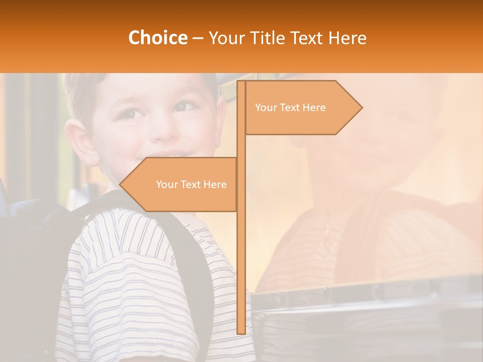 A Young Boy Is Standing In Front Of A School Bus PowerPoint Template