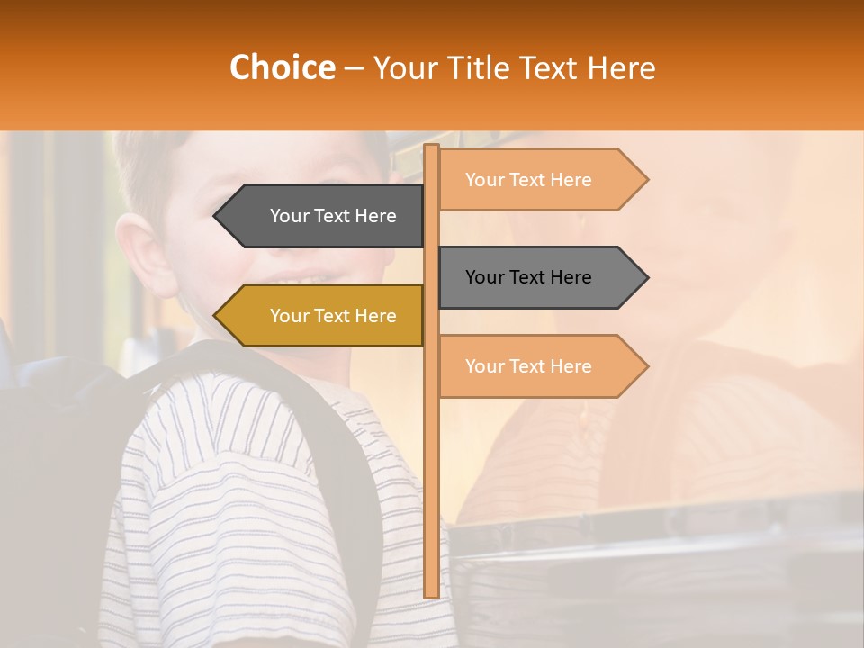 A Young Boy Is Standing In Front Of A School Bus PowerPoint Template