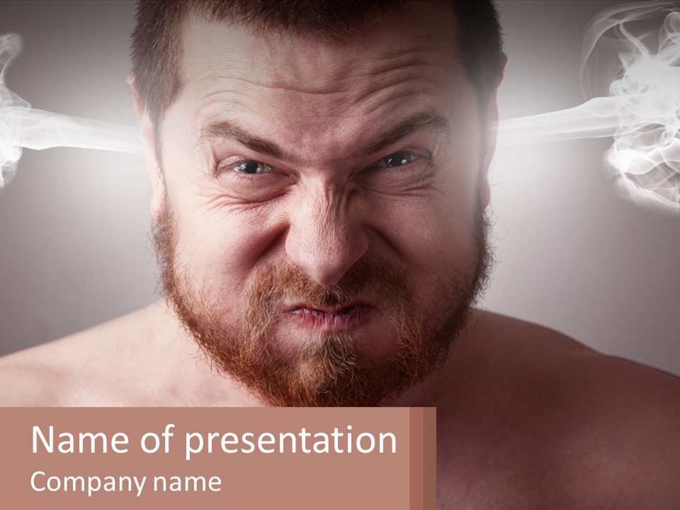 A Man With A Beard And No Shirt Is Making A Face With Smoke Coming Out PowerPoint Template