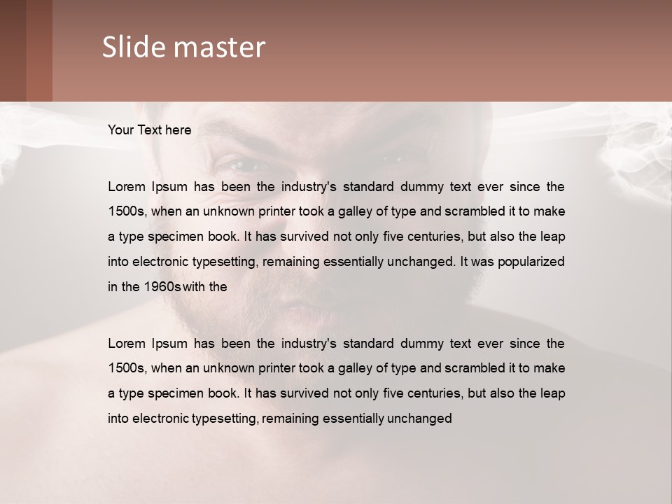 A Man With A Beard And No Shirt Is Making A Face With Smoke Coming Out PowerPoint Template