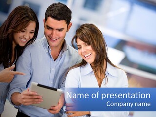 A Group Of People Looking At A Tablet PowerPoint Template