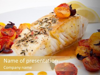 A White Plate Topped With Fish And Vegetables PowerPoint Template