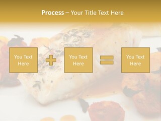 A White Plate Topped With Fish And Vegetables PowerPoint Template