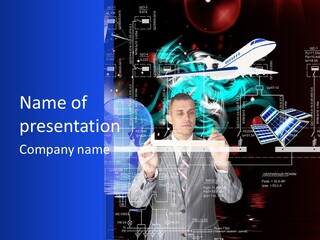 A Man In A Business Suit Is Pointing At Something PowerPoint Template