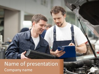 Two Men Looking At A Clipboard In Front Of A Car PowerPoint Template