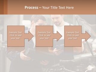 Two Men Looking At A Clipboard In Front Of A Car PowerPoint Template