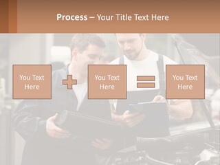 Two Men Looking At A Clipboard In Front Of A Car PowerPoint Template