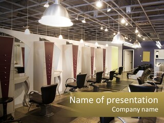A Hair Salon With Lots Of Chairs And Lights PowerPoint Template