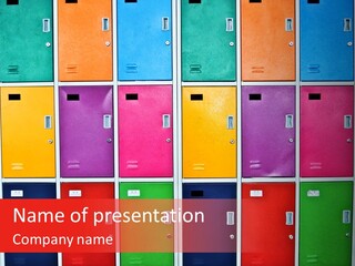 A Wall Of Colorful Lockers With A Name Of Presentation PowerPoint Template