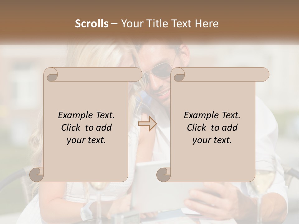 A Man And Woman Sitting At A Table With A Tablet PowerPoint Template