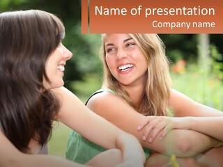 Two Women Sitting Next To Each Other Talking PowerPoint Template