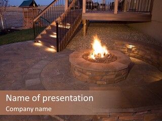 A Fire Pit In A Backyard With Steps Leading Up To It PowerPoint Template