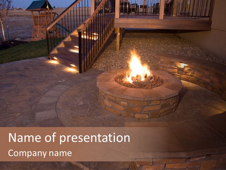A Fire Pit In A Backyard With Steps Leading Up To It PowerPoint Template