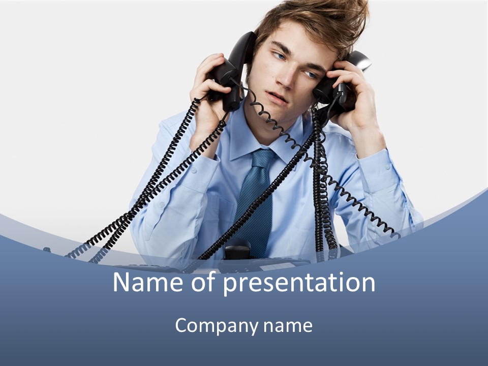 A Man In A Blue Shirt And Tie Talking On A Telephone PowerPoint Template